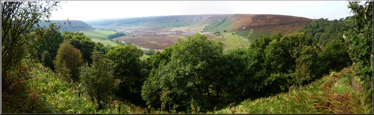 Looking across the Hole-of-Horcum from the path up through the oak woods