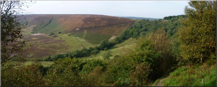 Looking back across the Hole-of-Horcum from the path through the oak woods 