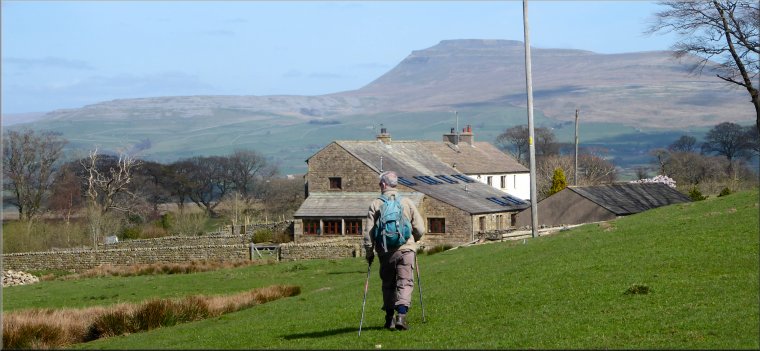Following the path from Whitepits Lane across the field to Usherwoods with Ingleborough in the distance