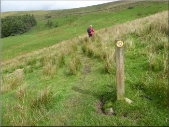 Marker post on the path contouring round the hill side