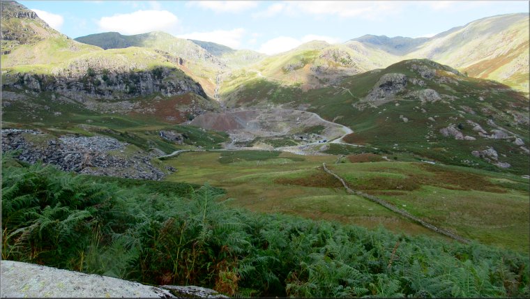A last look across the valley to the slate quarry and copper mining relics