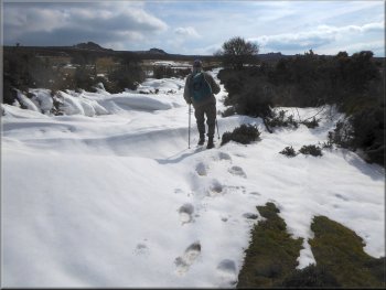 Snow lying on the track at the edge of the open access land