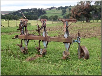 Three bladed plough ready for action at the egde of a field