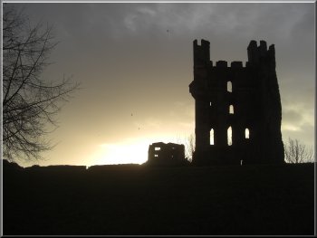 Low winter sun behind Helmsley Castle