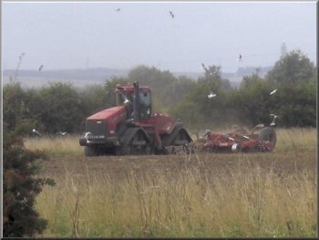 Huge tracked tractor harrowing  near the access road