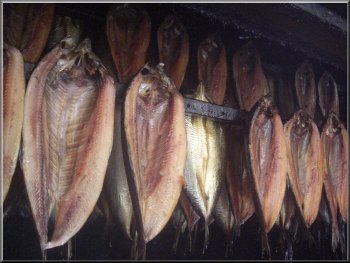 Whitby kippers in the smoke house near the Abbey steps 