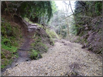 Dry stream bed (subject to flash floods) in the gully