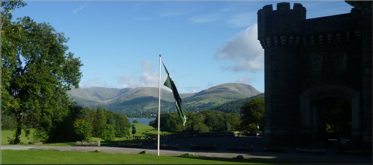 Looking north from Wray Castle across Windermere to the hills above Ambleside