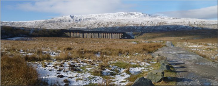 The Ribblehead Viaduct and Whenside seen from the track at the end of our walk