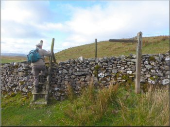 Stile & sign post at the wall by the sheep pens