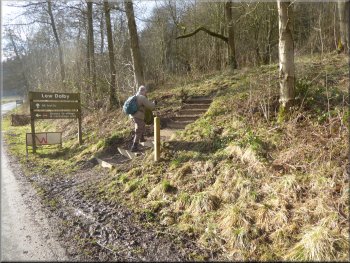Turning off the road to climb the bank to a woodland track