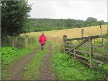 Bridleway along a farm track into the fields