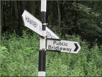 Road sign confirming the bridleway route towards Arden Hall