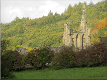 Part of Byland Abbey visible in the trees ahead