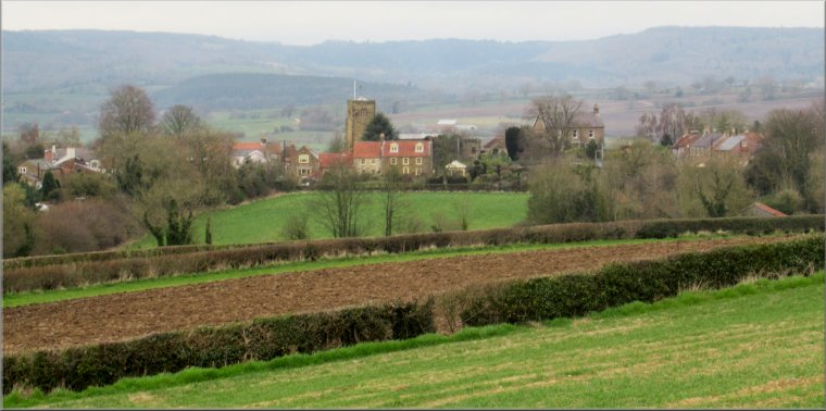 Looking back from the field path near the start of the walk over the fields to Husthwaite village and the church tower